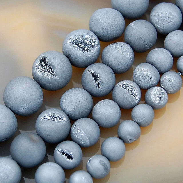 Metallic Titanium Coated Gray Natural Agate Druzy Beads 8mmm 10mm 12mm 14mm