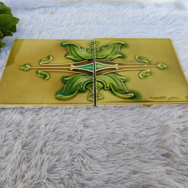 1940s Vintage Embossed Leafy Design Majolica Art 2 Pcs Architecture Tile Japan 2