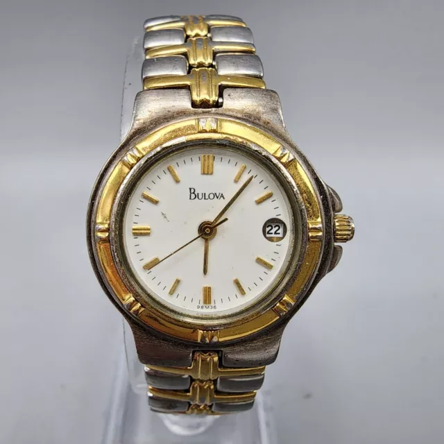 Bulova Watch Women Two Tone White Dial Date 25mm Round 98M36 New Battery