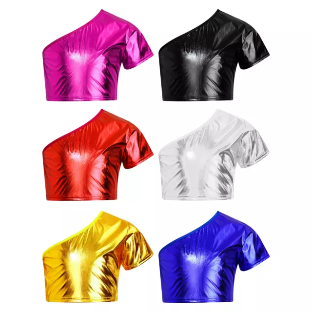 Kids Girls T-shirt Metallic Crop Top Activewear Dancewear Hip Hop Tank Costume