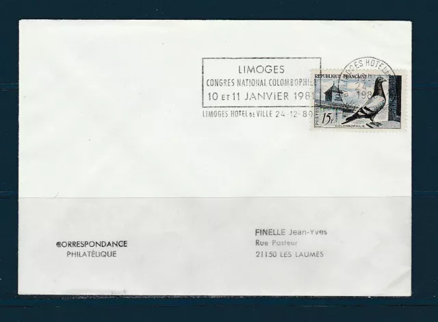 FRd enveloppe animaux congrès colombophile  oiseaux  87 Limoges  1980