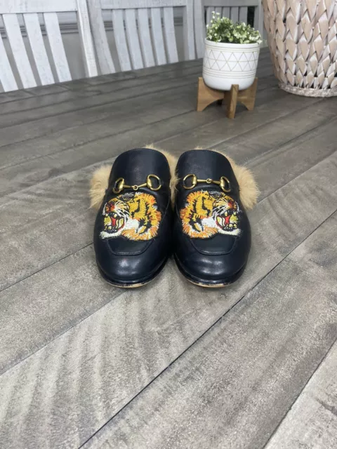 Gucci Black Princetown Tiger Leather Fur Shearling Loafer Slide Mule Size 8.5 W