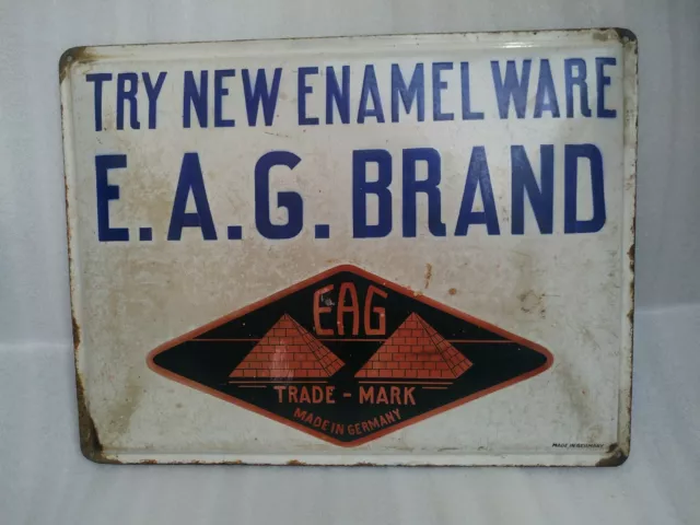 Vintage Porzellan Emaille Schild EAG BRAND ENAMEL WARE Pyramide Grafik Germany