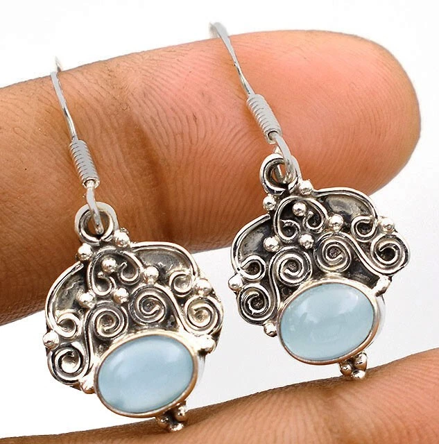 Natural Aquamarine Chalcedony 925 Sterling Silver Earrings 1 1/2" Long NW13-6