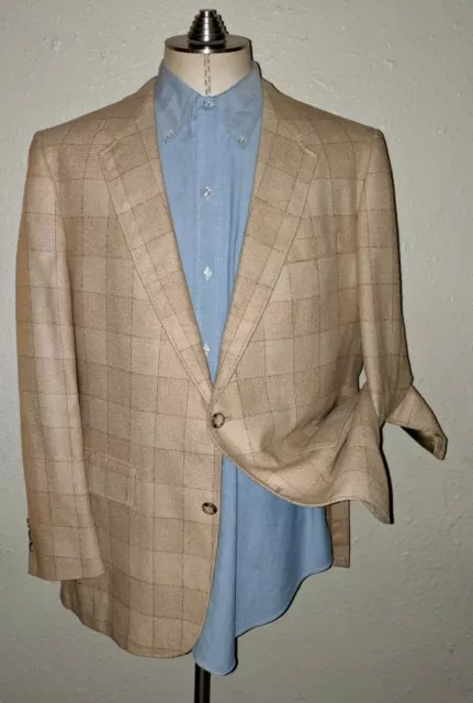 42R Vtg Brown Tan Windowpane Check Wool Tweed 2-vents Blazer Sport Coat Jacket