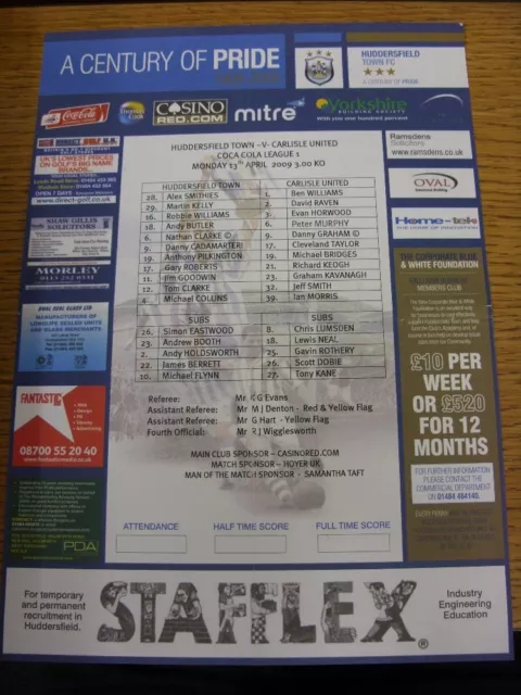 13/04/2009 Colour Teamsheet: Huddersfield Town v Carlisle United  (Folded). Than