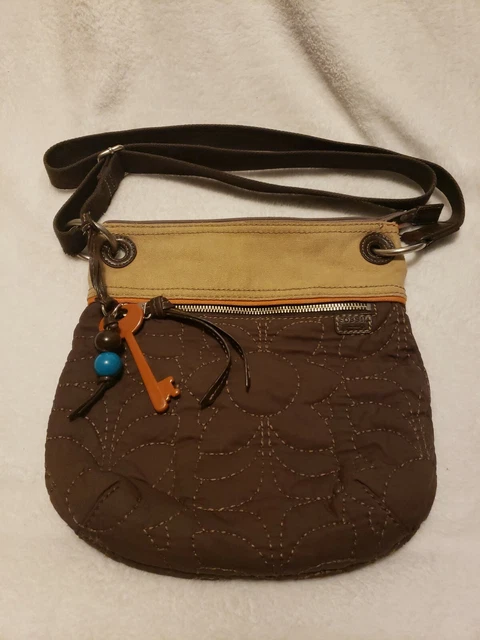 FOSSIL Key-Per Brown, Orange, Teal quilted organizer crossbody bag purse A6