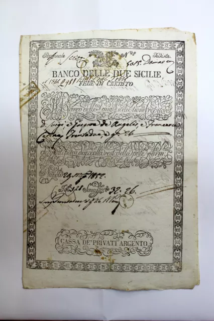 Banco Delle Due Sicilie - Fede Di Credito 1852 Cassa De' Privati Argento