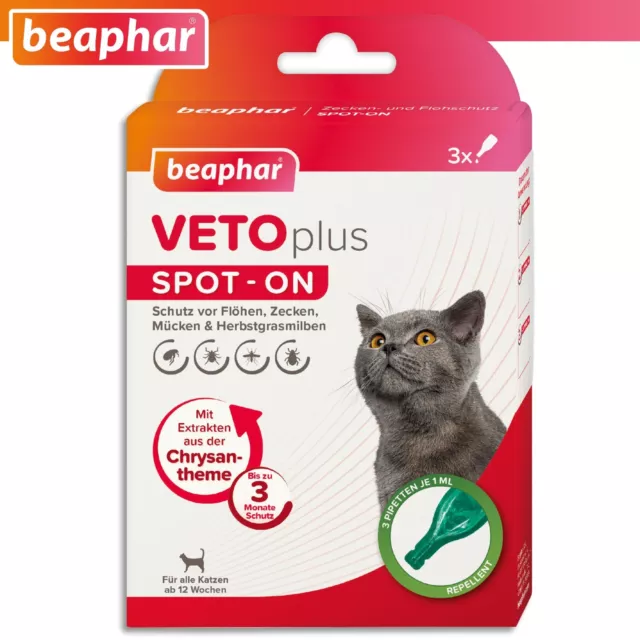 Beaphar 3x 1 ML Vetoplus Spot-On Anti Parassiti per Tutti Gatti Da 12 Settimane