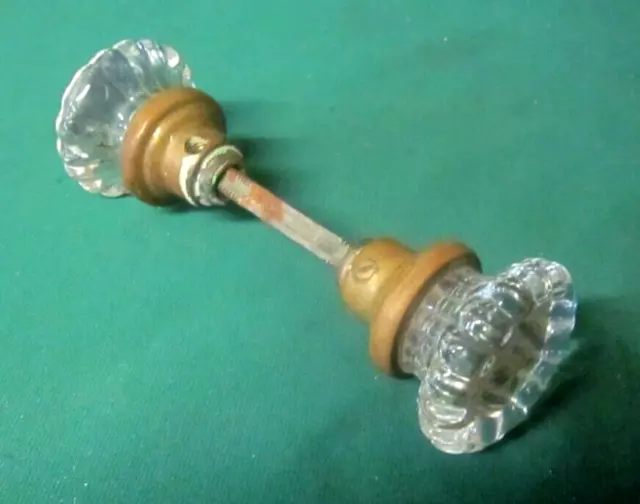 Vintage Rare Glass Crystal Door Knob Set with Brass Spindle 18 Point.