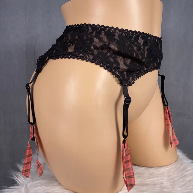 Vintage New Victoria's Secret XS Small Lace Garter Belt Black Pink Plaid Garden
