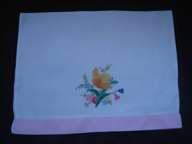 Vintage Hand Towel Tea Towel Flower Applique Hand Embroidered Pink Trim