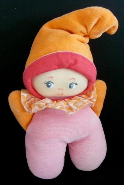 A8. DOUDOU POUPEE LUTIN COROLLE ROSE COL ETOILE HOCHET GRELOT 17cm+ BONNET  TBE
