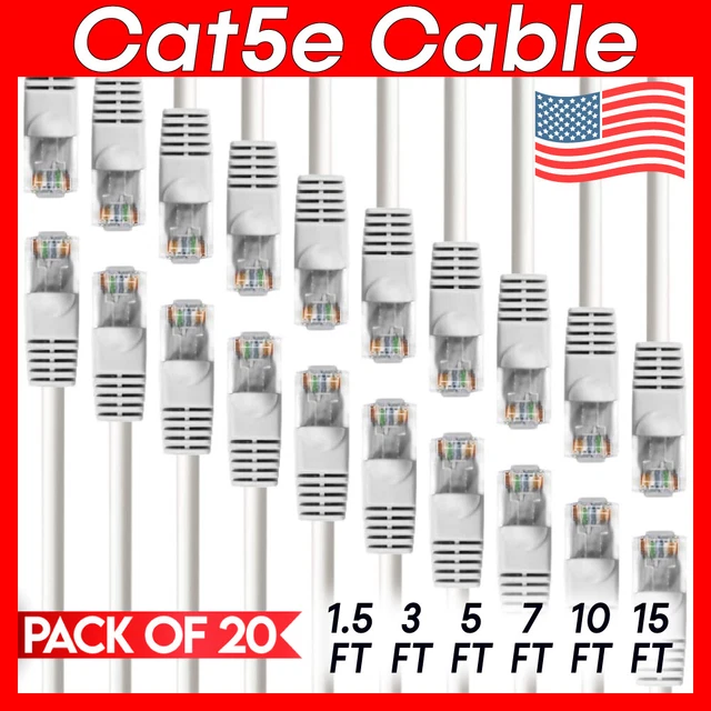 20 PACK CAT5E Cable White Cat 5 Patch Cord RJ45 Connectors LAN