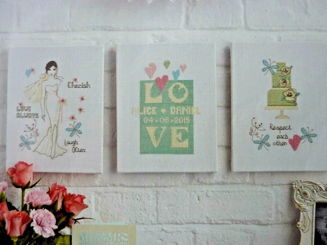 4756]X Stitch Chart-3 Modern Matching Wedding Designs, Bride Cake Quote