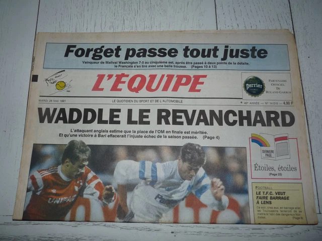 EQUIPE 28-05 1991 Football Marseille Om Waddle Bari Etoile Rouge