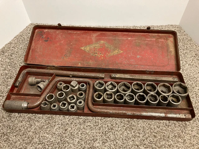 Antique Indestro/Duro 33 pc Socket & Square Wrench Set-1930's 1/2" drive Vtg