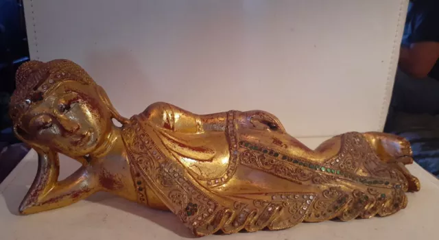 Vintage Burmese Reclining Carved Buddha Gilded Wood Jeweled Inlays