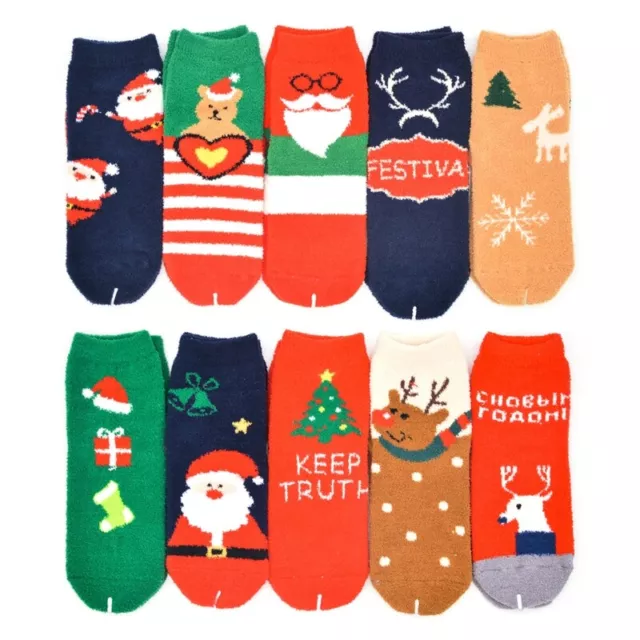 10 Pairs Christmas Holiday Fuzzy Crew Socks Cartoon Santa Print Warm Hosiery