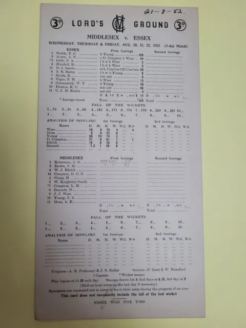 Middlesex v Essex ~ Cricket Scorecard 1952 ~ @ Lord's Ground Free Postage
