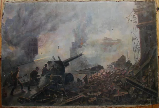 Ukrainian Soviet USSR oil painting military soldier fight gun Berlin WW2 1952