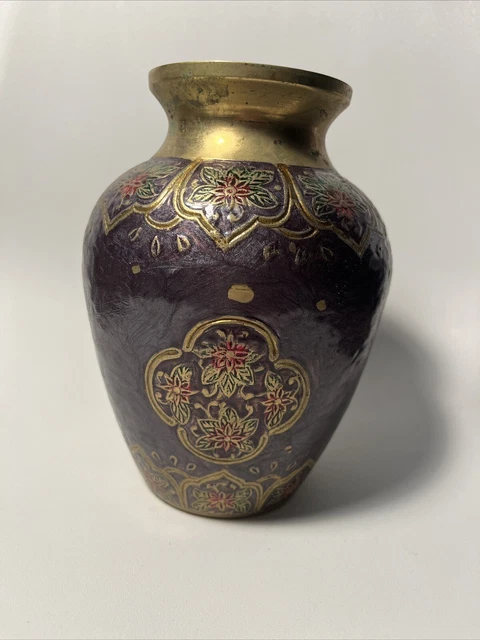Vintage Brass and Brown Green Enamel Painted Vase 7" solid brass made in India