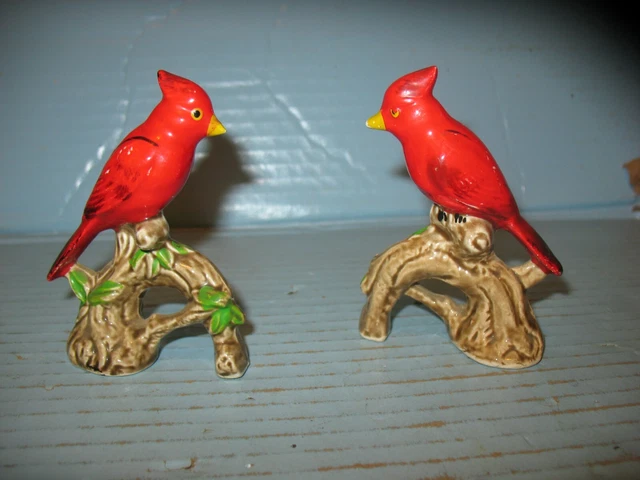 2 Vintage Cardinals On Branches Figurines Japan