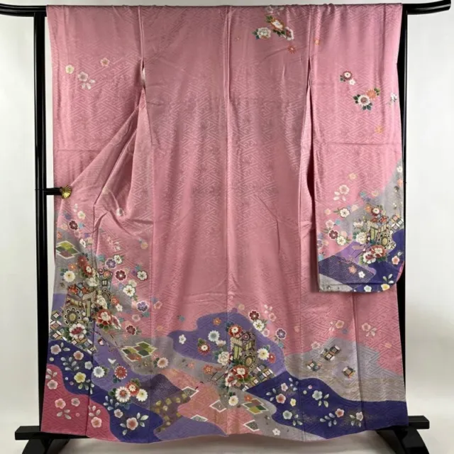 Japanese Kimono Furisode Pure Silk With Signature An Ox Drawn Coach Flower Pink