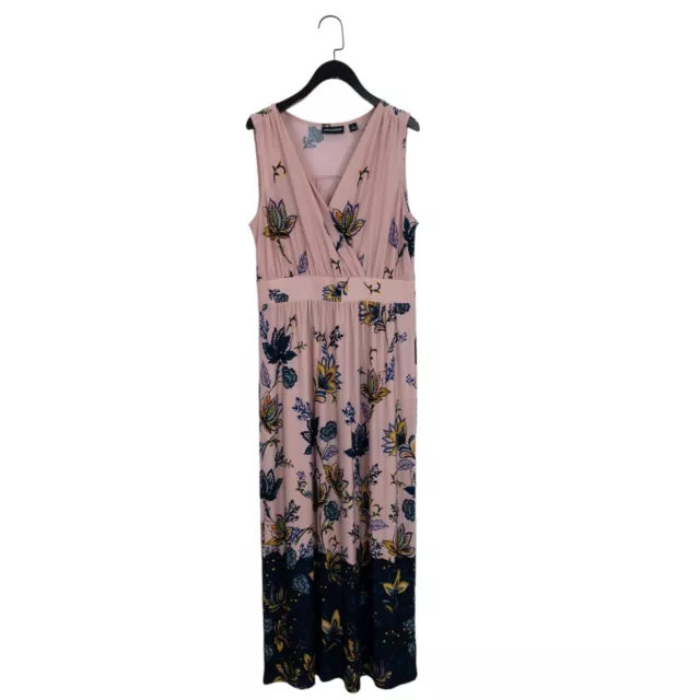 Nina Leonard Pink Navy Floral Stretchy Maxi Dress Sleeveless - Size L