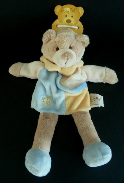 37. Doudou Peluche Marionnette Baby Nat Ours Beige Bleu Blanc Jaune - Neuf