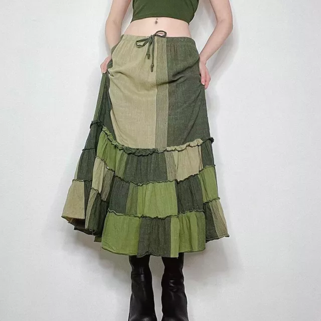 Women's Skirt Y2K Retro Stitching Green Ethnic Drawstring Ruffle Long Dress Chic