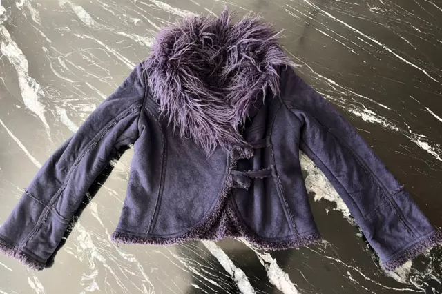 Vintage 90s Y2K Faux Fur Shaggy Collar Purple penny coat Jacket Sakspotts M