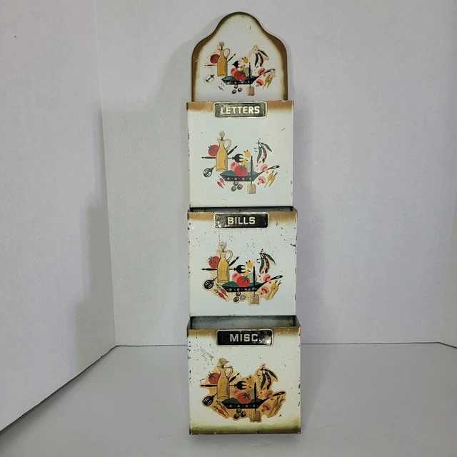 ORGANIZADOR DE CORREO DE PARED DE HOJALATA de colección década de 1950 soporte de billetes decoración de cocina