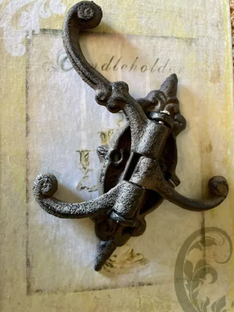 Rustic Swivel Hook Fleur De Lis Cast Iron Coat Hat Purse Towel Hanger Victorian