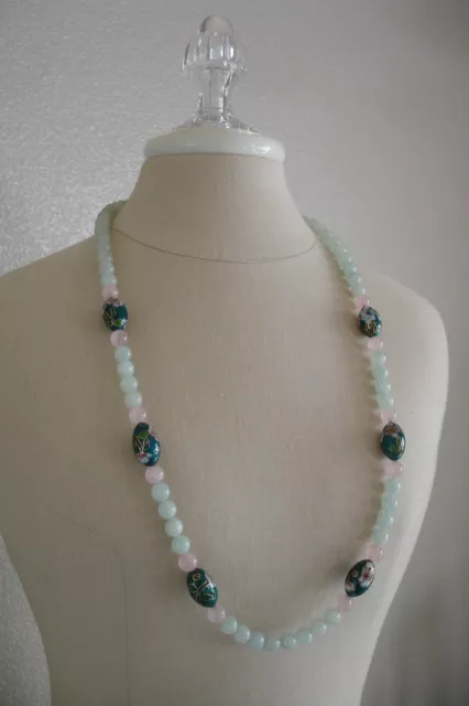 David Kuo Green Jade Rose Quartz Asian Cloisonne Beads Beaded Necklace