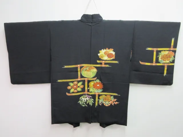 7710J5 Silk Vintage Japanese Kimono Haori Jacket Phoenix Chrysanthemum Peony
