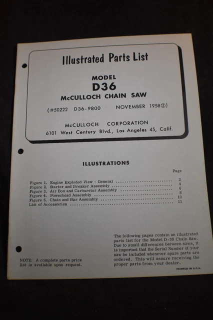 McCullough modelo D36 1958 sierra de cadena lista de piezas ilustradas *original*