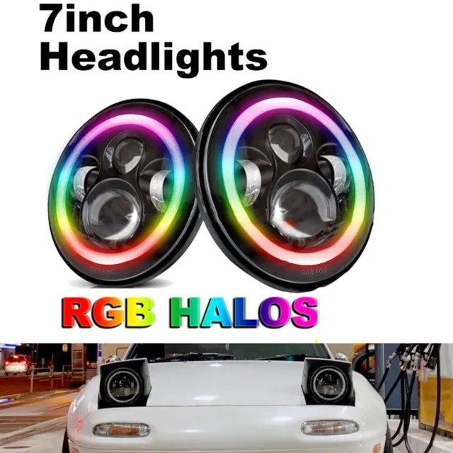 Paar 7 Zoll Runde LED Scheinwerfer RGBW Angel Eye E9 für 90-97 Mazda Miata MX-5