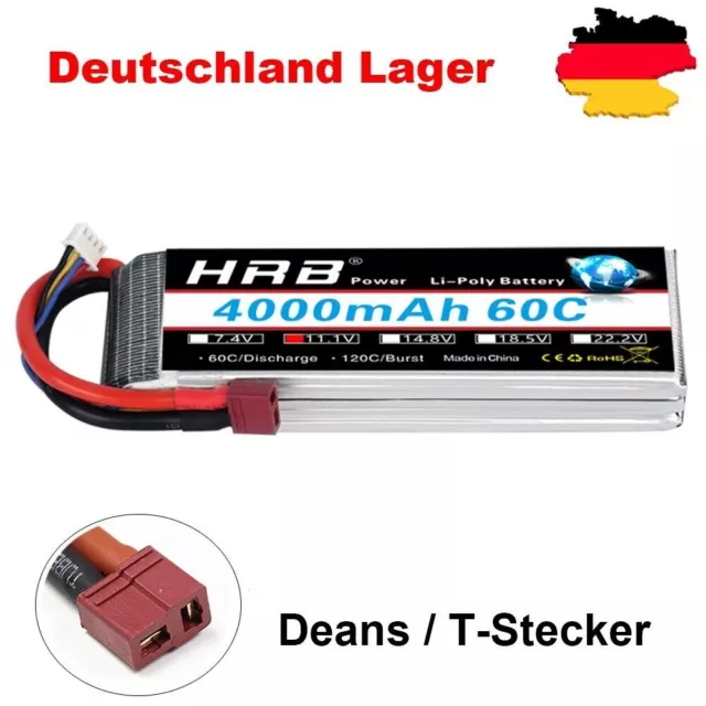 HRB 11,1V 4000mAh 3S 60C Deans LiPo Batterie for RC Flugzeug Auto Drohne Akku DE