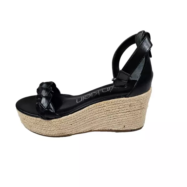 Calvin Klein Thea Espadrille Platform Wedge Sandal Ankle Buckle Black Womens 10M
