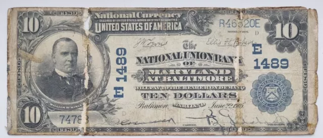 1902 $10 National Currency Ten Dollars Large Size Note Baltimore Maryland #65345