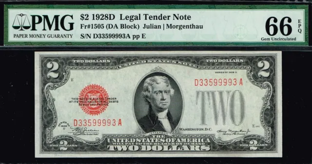 FANCY SERIAL NUMBER. $2 1928D Legal Tender Note. PMG 66 EPQ.