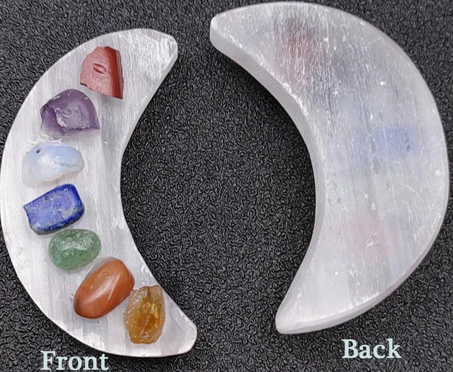 Selenite Moon Bowl With 7 Chakra Stones Charging Crystal Ritual Reiki & Gift Box