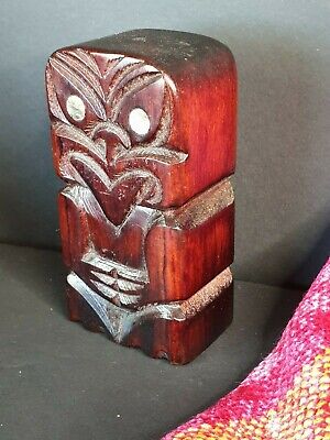 Old New Zealand Carved Wooden Maori Tiki Salt Shaker w Paua Eyes 2