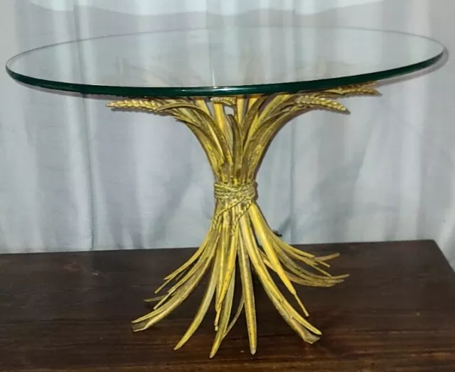 Vtg MCM Hollywood Regency Wheat Sheaf Side Lamp Table Gilt Metal Mid Century Mod