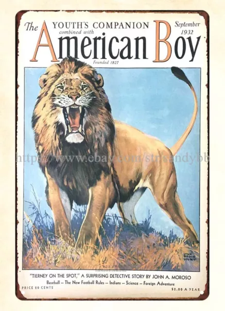 1932 American Boy magazine cover Lynn Bogue Hunt Lion art metal tin sign