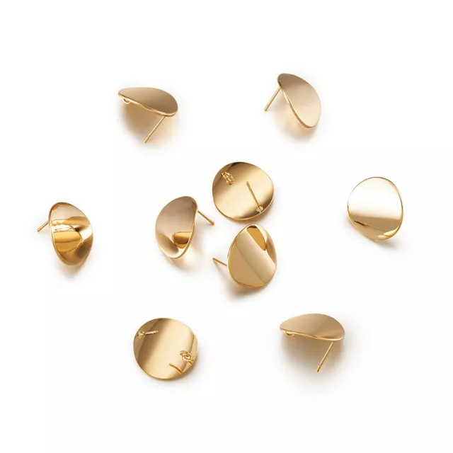 10pcs Gold Plated Brass Round Earring Posts Smooth Stud Findings Back Loop 15mm