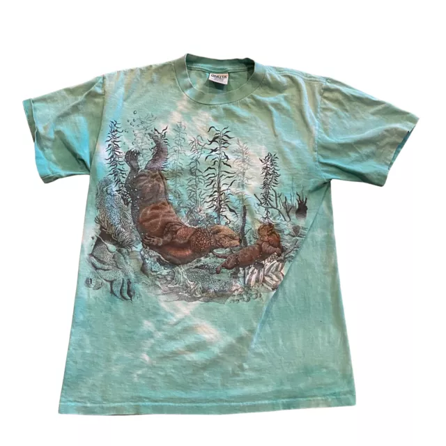 Vintage Otter & Baby Tie Dye Nature T-shirt Medium Oneita single stitch USA