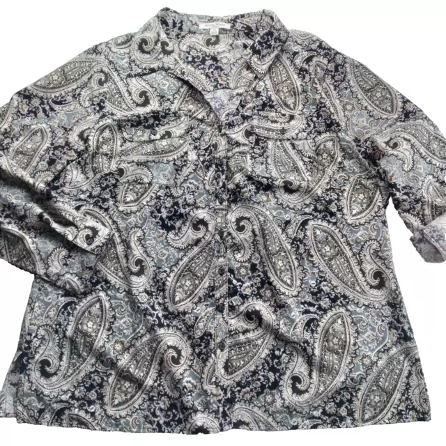 Studio Works Womens Button Front Shirt Size 2X Paisley Print Roll Tab Sleeves