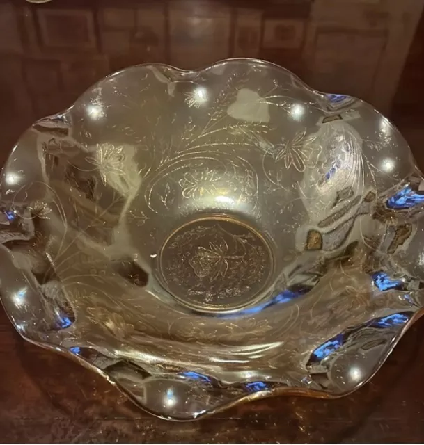 VINTAGE Jeannette Glass Iridescent Floragold Louisa Pattern Ruffled Edge Bowl